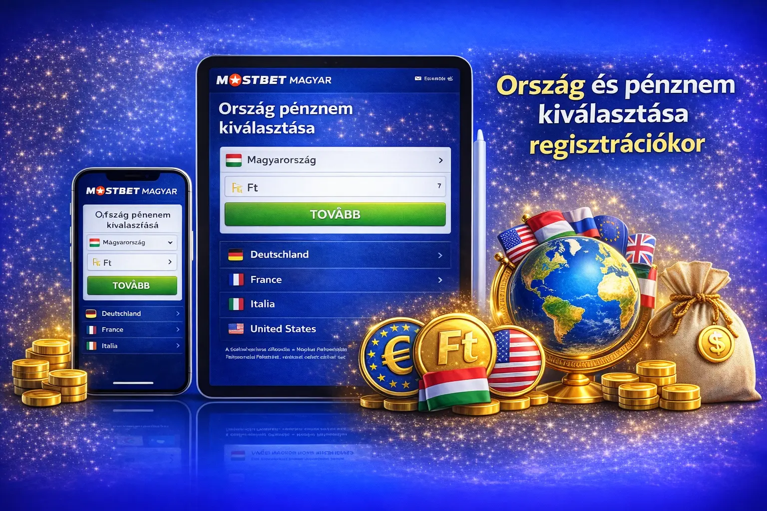 Ország és valuta kiválasztás a Mostbet fiók létrehozásakor